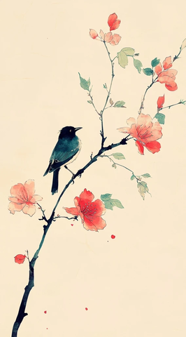 木兰花树枝上停鸟