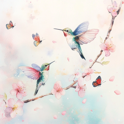 飞舞的蜂鸟与樱花蝴蝶