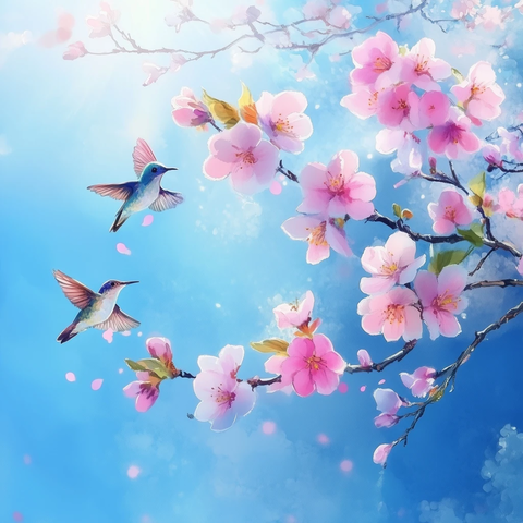 樱花蓝天阳光蜂鸟