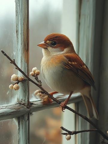 麻雀衔枝立窗台
