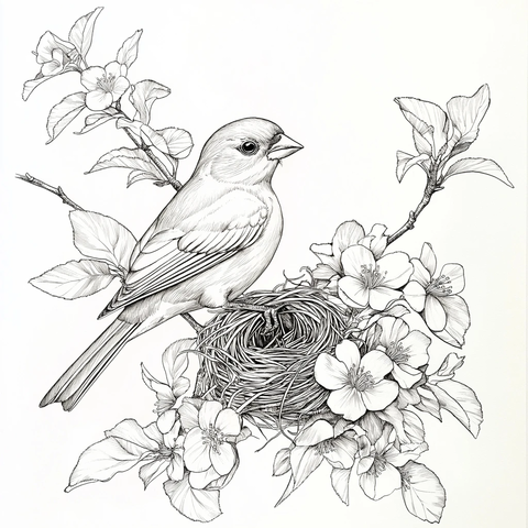 金翅雀筑巢花红树枝