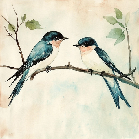 两只燕子栖息树枝上