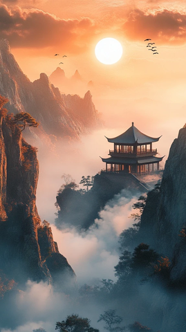 山间古亭日升云海环绕的壮丽景致