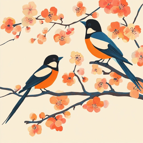 杏花双喜鹊国画