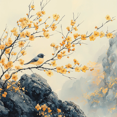 黑岩鸟影黄花枝