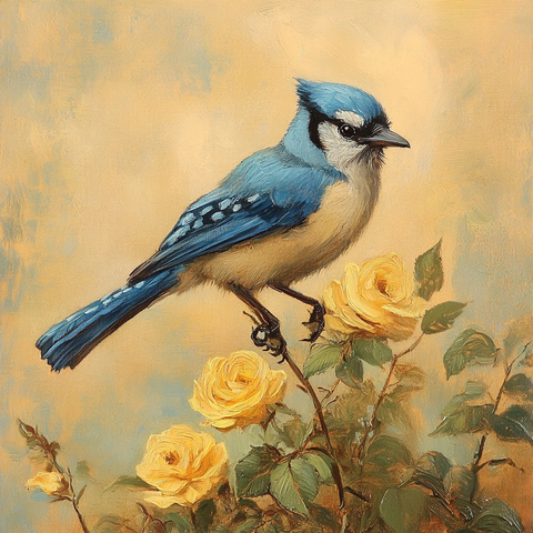 蓝色细嘴鸟栖息黄色玫瑰枝