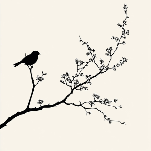 黑白树枝小鸟插画