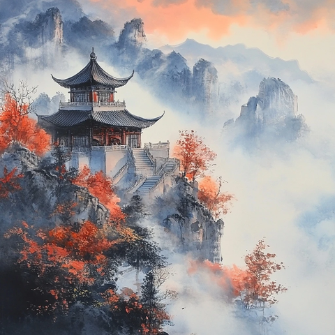 山间古亭云雾缭绕的中式山水风景