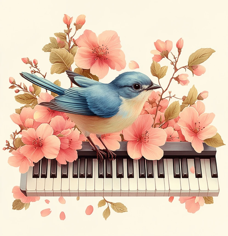 蓝鸟飞舞钢琴花丛