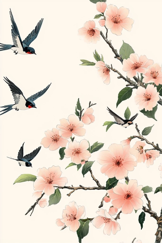 桃花绿叶飞燕图