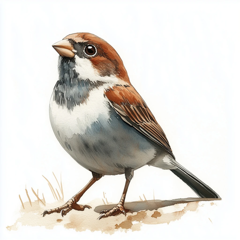 水彩插画麻雀仰望