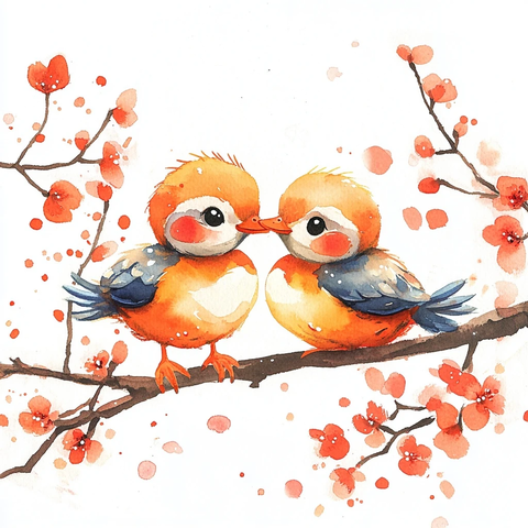 新春主题鸳鸯水彩插画