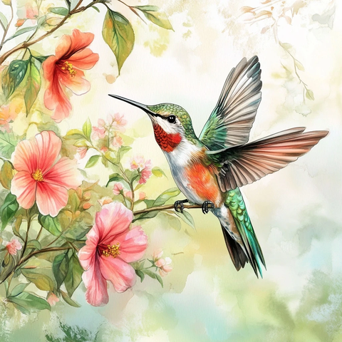 蜂鸟舞动花间静栖花枝