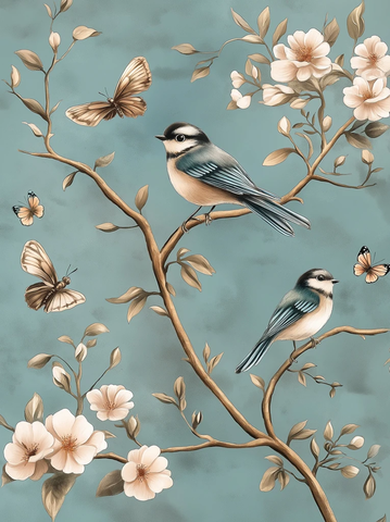 花树鸟蝶细致东方壁画