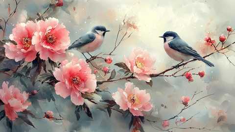 粉色芍药与雀鸟图