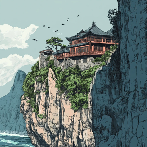 悬崖上的古风建筑鸟瞰图