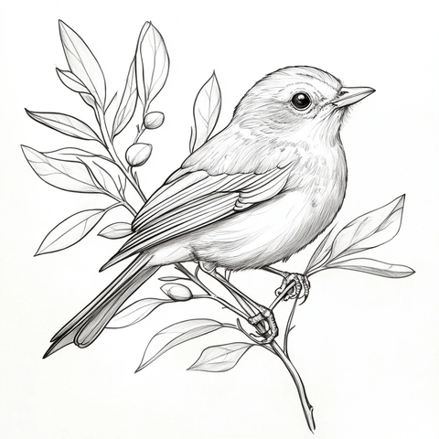 知更鸟栖息橄榄枝线条图