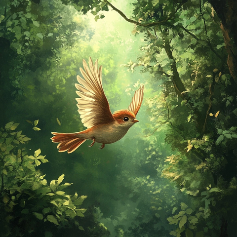 小鸟飞翔森林