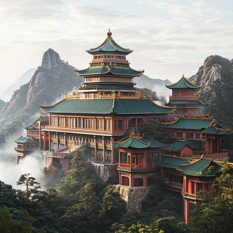 山间的中国古风建筑群鸟瞰全景