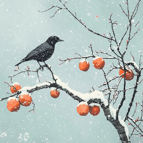 枯枝黑鸟红柿图