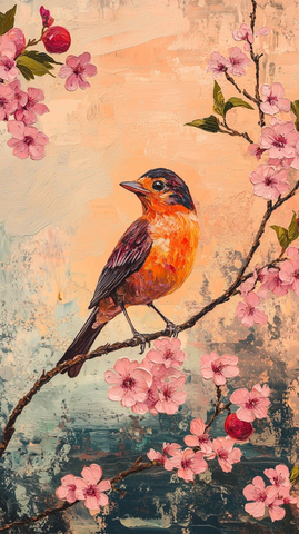 红鸫鸟立桃枝夕阳下