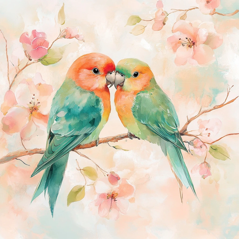 水彩花卉环绕的爱情鸟