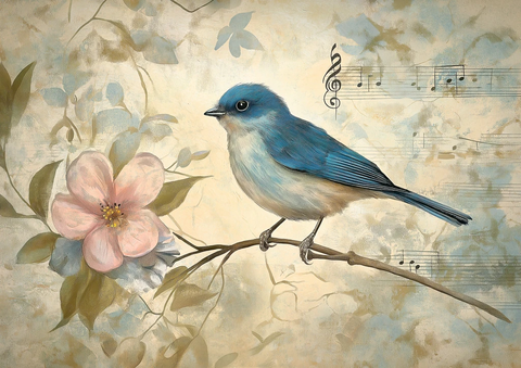 蓝鸟与花卉音乐水彩画