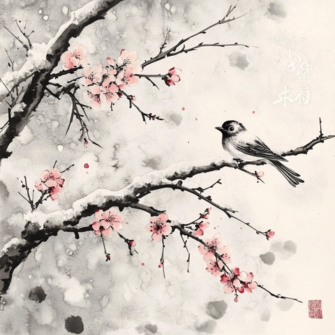 桃树雪中开花鸟栖枝头