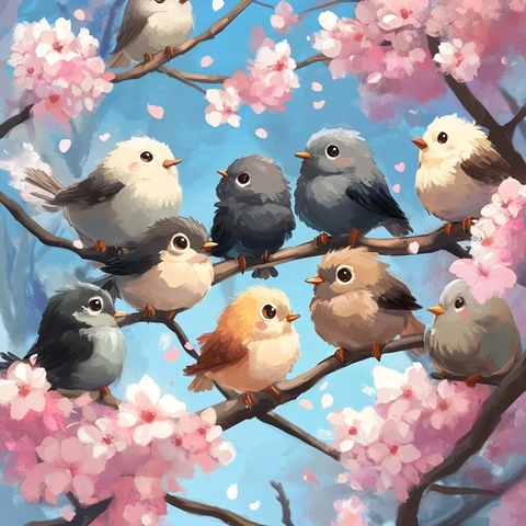 樱花树下可爱小鸟群