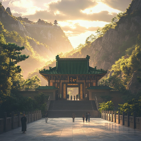 山间古建筑前的行人