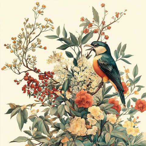 植物鸟类复古插画