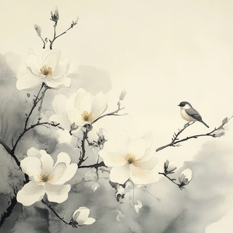 白玉兰枝头小鸟栖息图