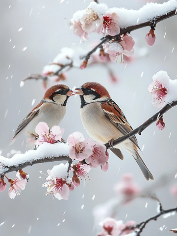 雀饮雪梅雪梅共舞
