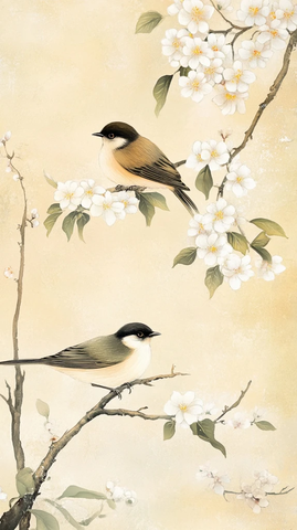 白花盛开鸟儿栖息图