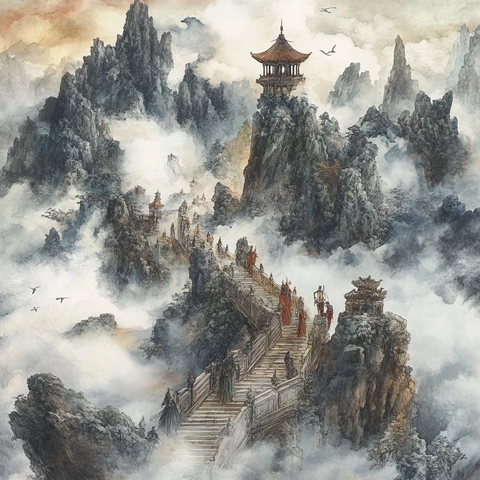 云雾缭绕山间的登山人群与亭台