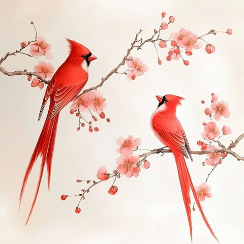 红鸟长尾桃花枝头