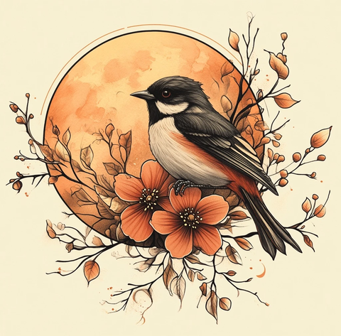 月下红鸟花影纹身