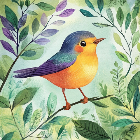 水彩画雀鸟绿叶树木