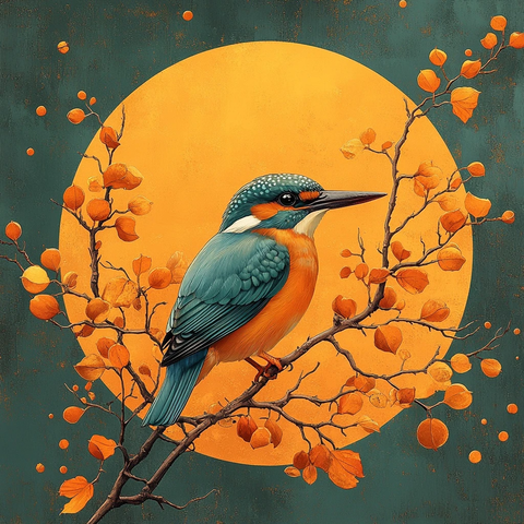 秋叶金辉与翠鸟图谱