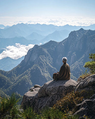 僧人坐于巨石上静思冥想的山间画面