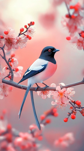 喜鹊立梅树鲜艳花开