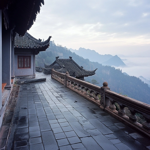 山间古建走廊远景展现中式建筑之美