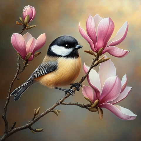 山雀栖息木兰花枝