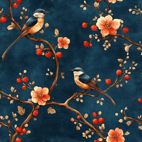 古代花卉鸟类图案布料