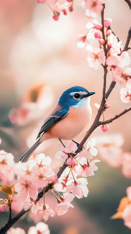 蓝橙白鸟栖樱花枝头