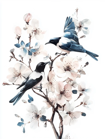 白色背景鲜花与舞动喜鹊