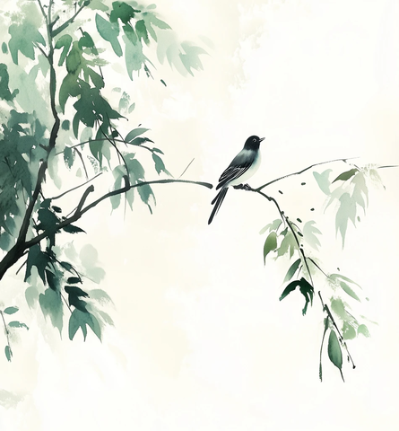 春日绿叶小鸟古树