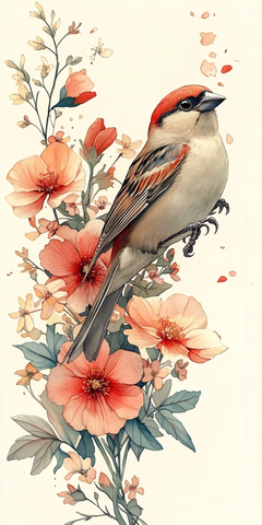 飞翔麻雀与野花