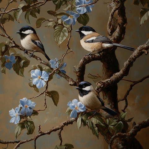 蓝花树枝与三只山雀