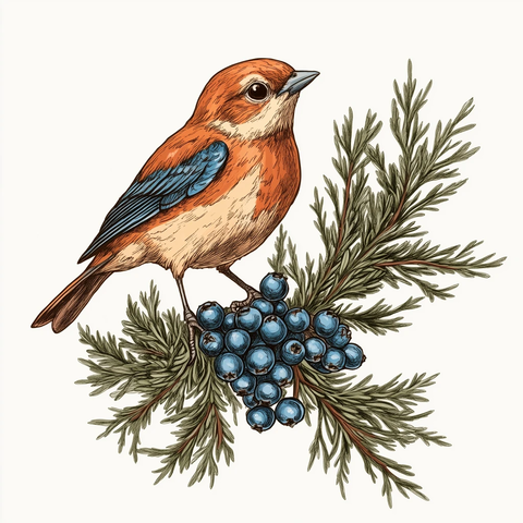 鸟栖息在刺柏树枝上